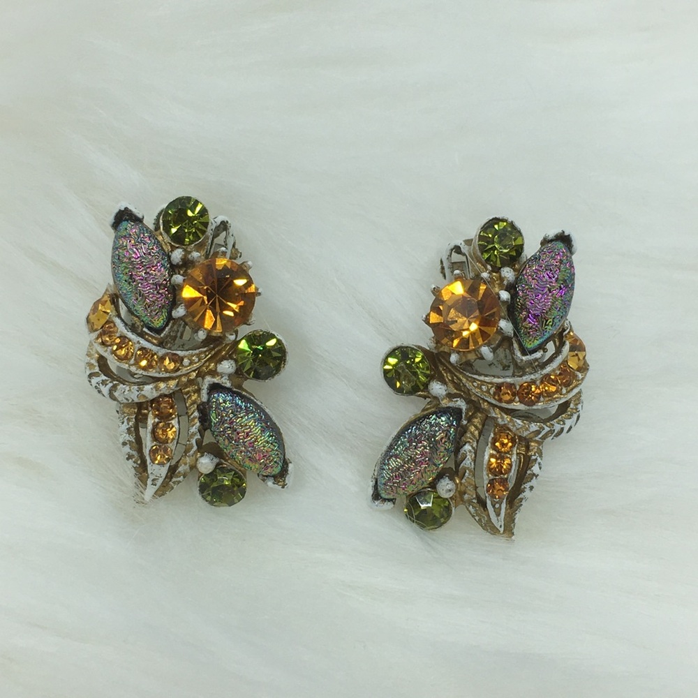 Vintage Collectible Signed Florenza Clip On Earrings Fruit Salad Mid Century